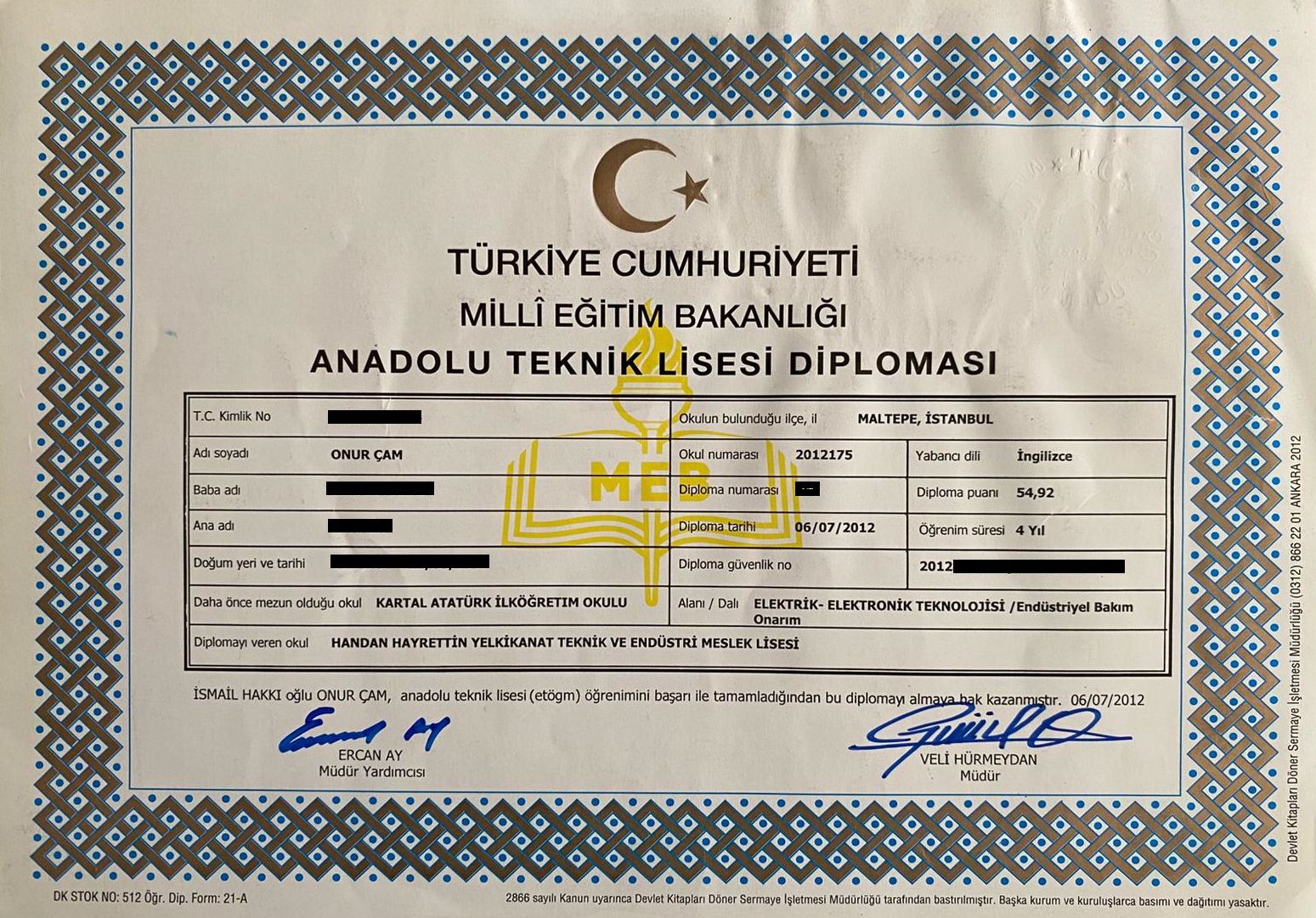 Onur ÇAM – Elektrik-Elektronik Bölümü Diploması