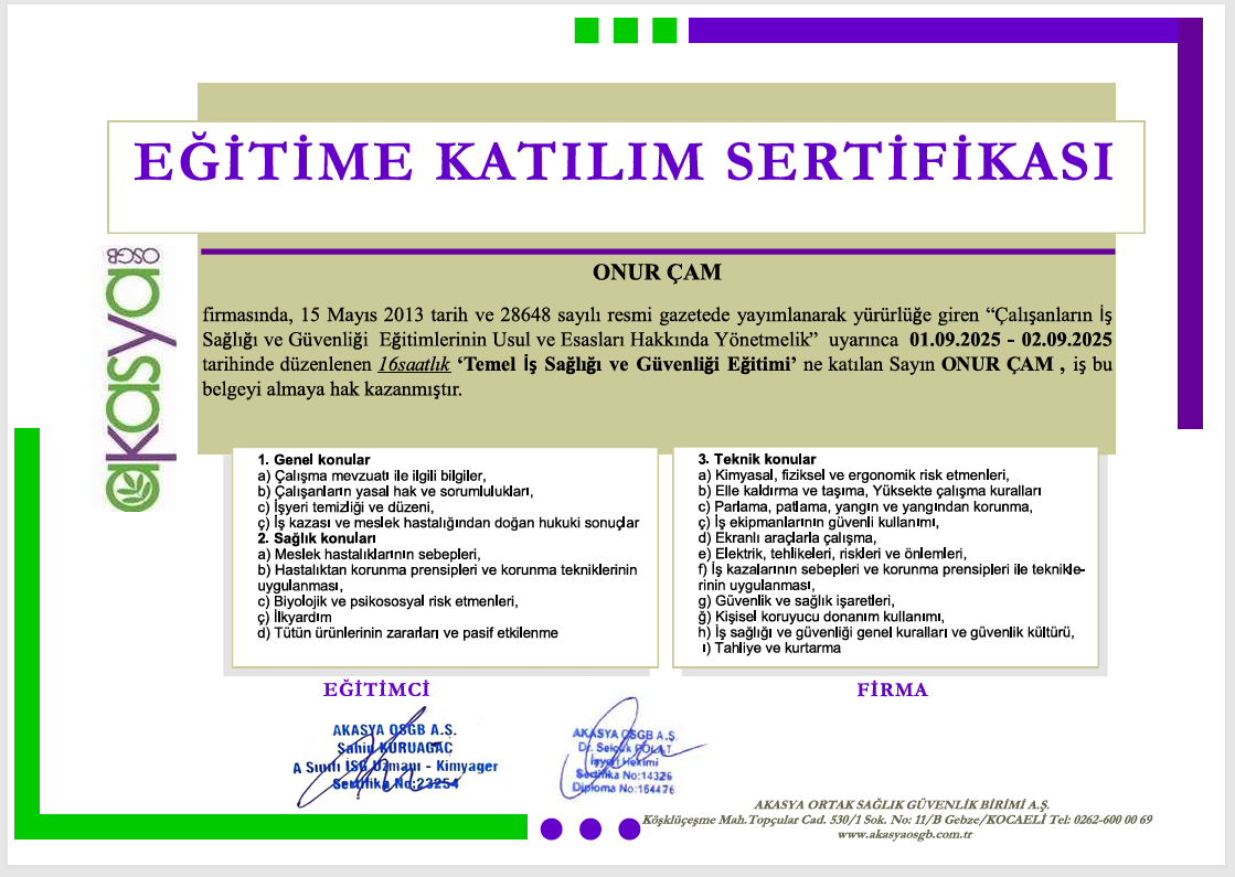 Onur Elektrik – İş Sağlığı ve Güvenliği Eğitimi Belgesi