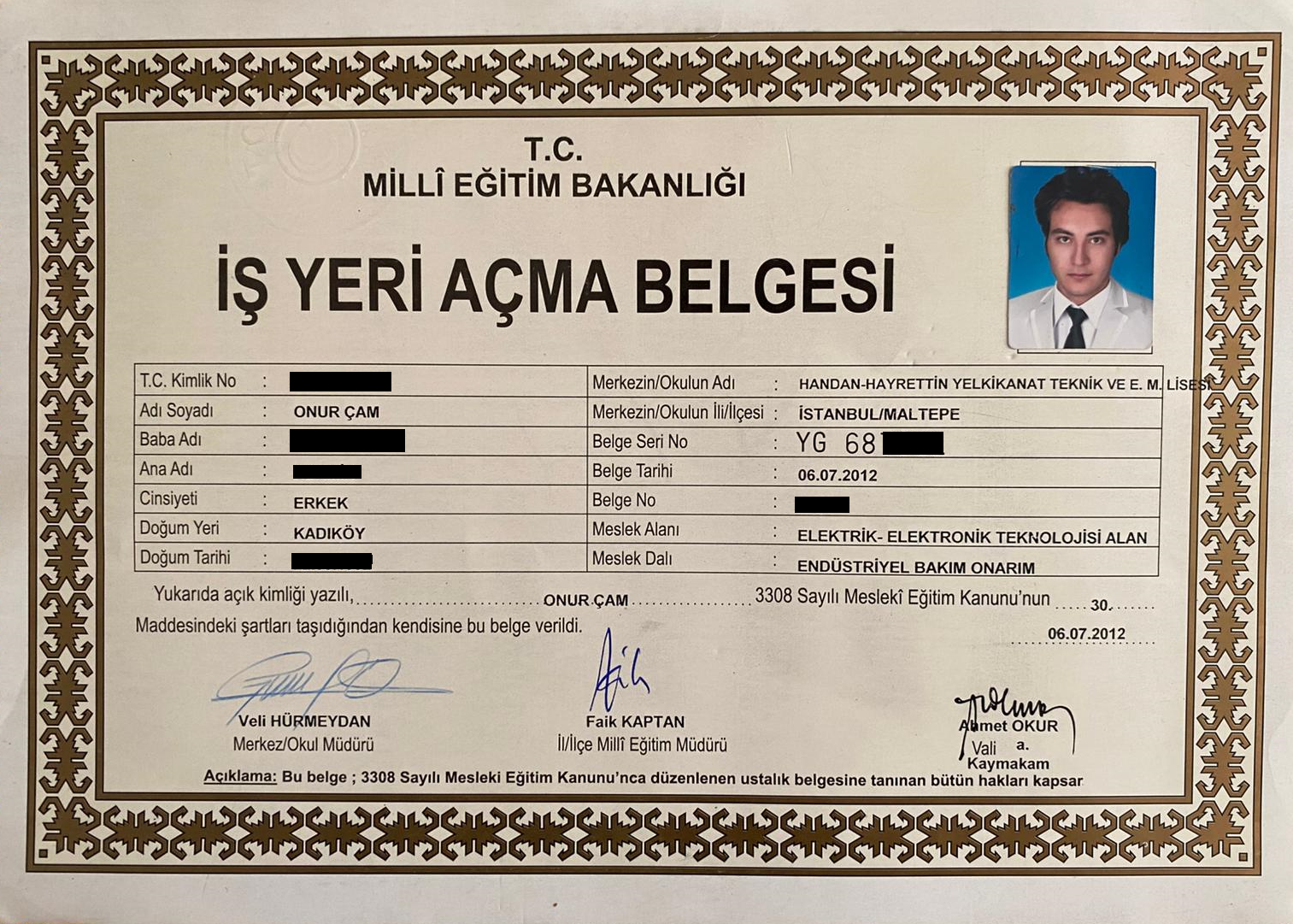 Onur Elektrik – İşyeri Açma ve Çalışma Ruhsatı