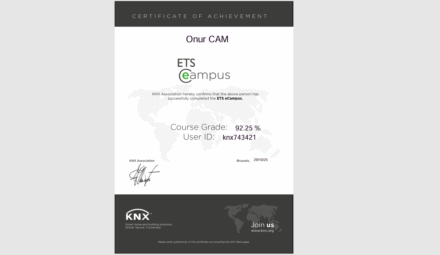 Onur Elektrik – KNX Akıllı Ev Sistemleri Eğitimi Sertifikası