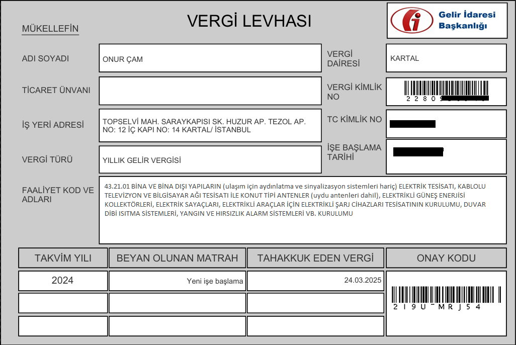 Onur Elektrik – Vergi Levhası